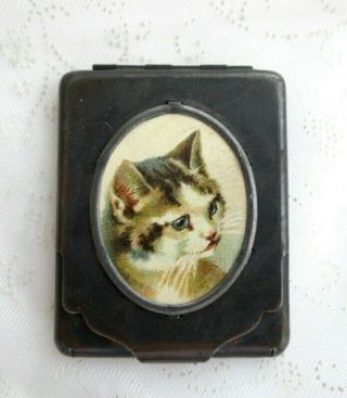 Antique Victorian Celluloid Cat Christmas Motif Metal Match Safe Holder Vesta