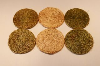 Set Of 6 Vintage Raffia Wicker Drink Coasters Green & Natural Mixed Mid Century