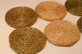 Set of 6 Vintage Raffia Wicker Drink Coasters Green & Natural Mixed Mid Century 2