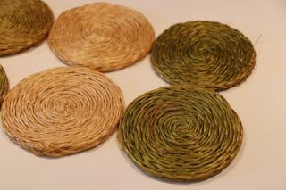 Set of 6 Vintage Raffia Wicker Drink Coasters Green & Natural Mixed Mid Century 3