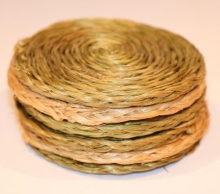 Set of 6 Vintage Raffia Wicker Drink Coasters Green & Natural Mixed Mid Century 4