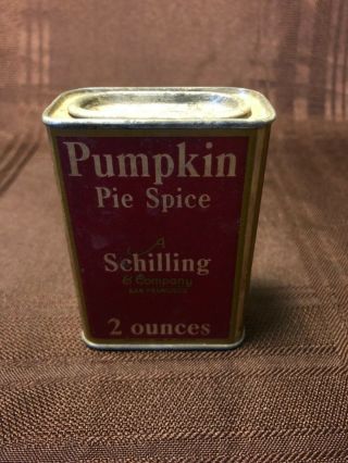 Vintage Schilling & Company Pumpkin Pie Spice Tin 1933 Copyright 2 Ounce Can