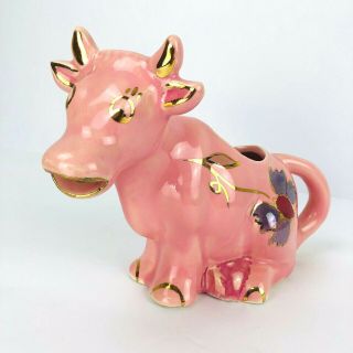 Vintage Pink Cow Creamer Ceramic Porcelain Hand Painted Floral Gold Accents