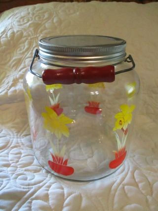 Vtg Gallon Glass Pickle Coffee Barrel Jar W Lid Wire Bail & Wood Handle Daffodil
