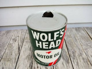VINTAGE 1 QUART WOLF ' S HEAD MOTOR OIL CAN MAN CAVE 2