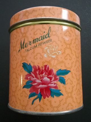 Vintage Mermaid Talcum Powder Tin Full With Powder Puff Rare Nos