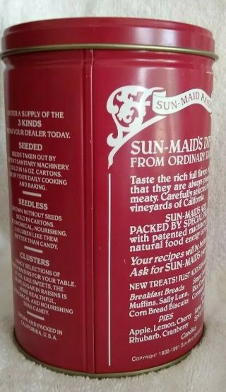 1987 Sun - Maid Raisins,  Collectible Tin Can,  Cookie Recipe on Back,  Vintage 2