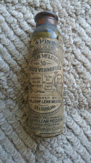 Dr.  J.  H.  Mclean’s Amber Bottle,  Quack Cures W/ Label & Cork Vermifuge St.  Loui
