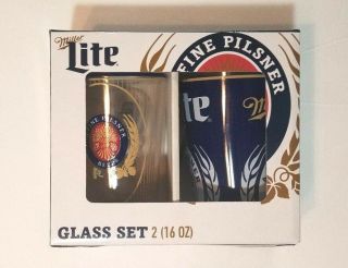 Miller Lite: Pint Glasses: Set Of 2 Glass 16 Oz Cups Collectible