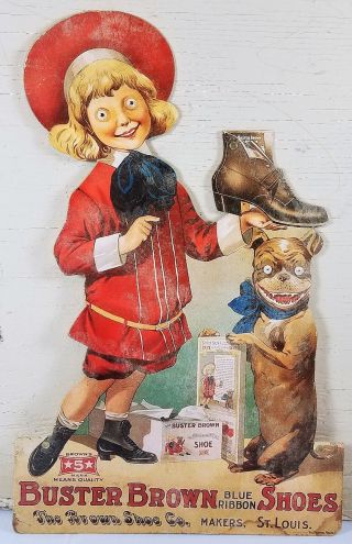 Buster Brown Blue Ribbon Shoes Girl With Puppy Dog Heavy Duty Metal Adv Sign