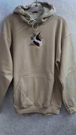 Sheltie/shetland Sheepdog Embroidered Medium Lite Tan Hooded Sweatshirt