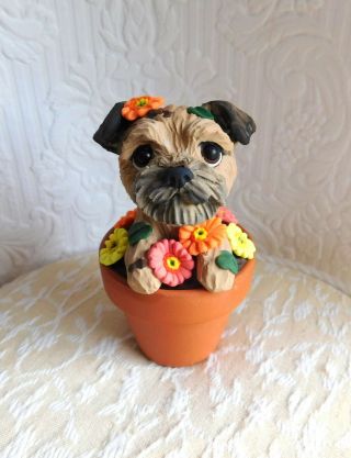Border Terrier In The Flower Pot Sculpture Clay By Raquel Thewrc Ooak
