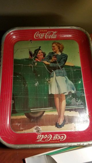 Vintage 1942 Coca Cola Tray Two Girls Car.  Last Tray Until After Ww Ii.