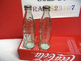 Coca Cola Salt And Pepper Shakers Vintage Green Glass Bottles