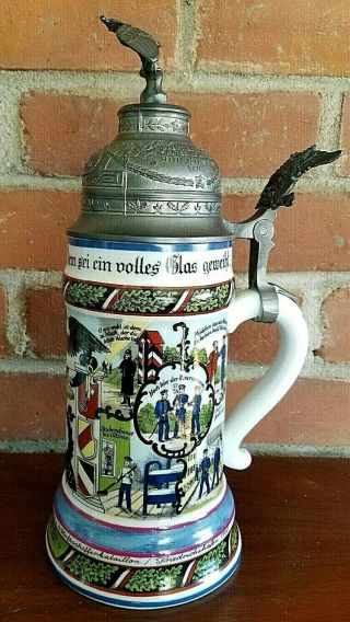 German Beer Stein Reserve Hat Ruh 10 3/4 " 4 1/4 " Base Metal Eagle Lidded
