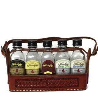 Vintage Set Of 5 Mini Bottles Of Flor De Cana Rum Flavors Handmade Leather Case