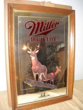 Miller High Life Beer Mirror Sign.  Wildlife Series.  " White Tailed Deer ".  1991