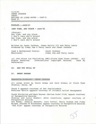 Janet Jackson Vintage 1993 Signed Cd Liner Notes Document