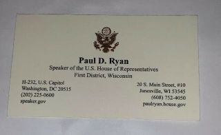 Paul D.  Ryan Official Business Card Speaker Of The House Us Representative