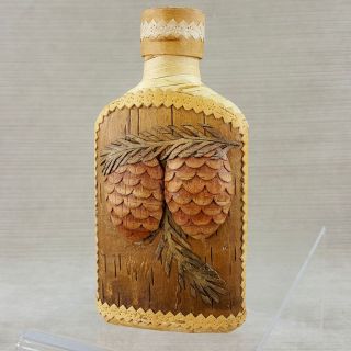 Wood Hand Wrapped Pint Glass Bottle 6 " Flask Carved Pine Cones Natural Vintage