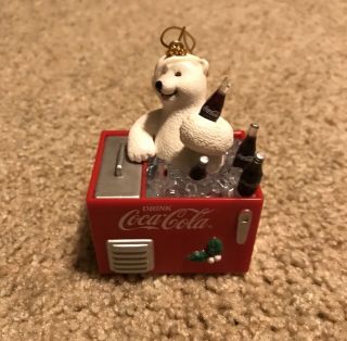 Coca Cola Polar Bear Sits In Ice & Coke Filled Chest Cooler Christmas Ornament