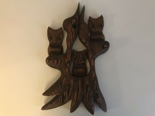 Retro Vintage Mid Century Witco Style Wall Art Hanging Carved Burned Wooden Owls