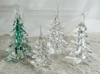 4 Vtg Enesco Glass Crystal Christmas Pine Trees Clear Green Display Decor