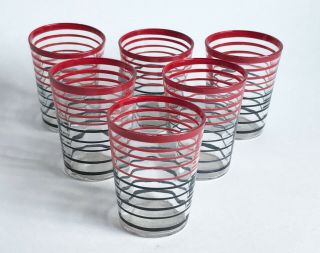 Six Vintage Shot Glasses,  Red And Black Bands