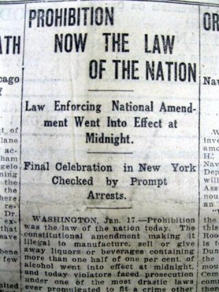 1920 Newspaper National Prohibition Goes Into Effect 18th Amendment Constitution
