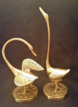 Long Neck Geese Goose Rare Pair Brass Figurines Vintage Mcm Art Deco Bird Swan