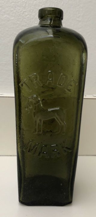 Antique J.  J.  W.  Peters Bird Dog Trade Mark Case Glass Gin Bottle Olive Green