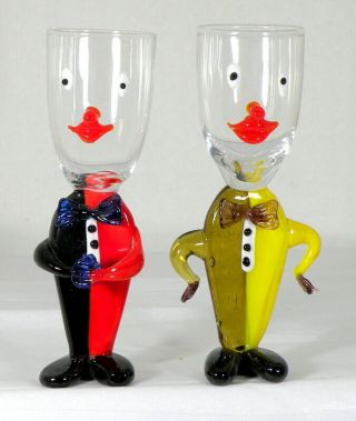 Set Of 2 Vintage Hand Made Colorful Clown Shot Glasses Unique