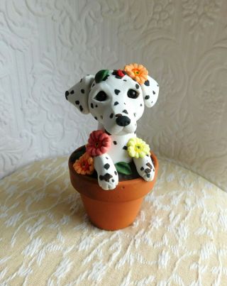 Dalmatian In The Flower Pot Sculpture Clay By Raquel Thewrc Ooak