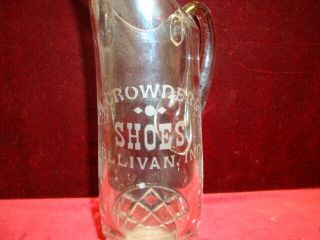 Antique C.  H.  Crowder & Co Shoes Advertising Glass Pitcher Sullivan,  Ind.  C.  1890