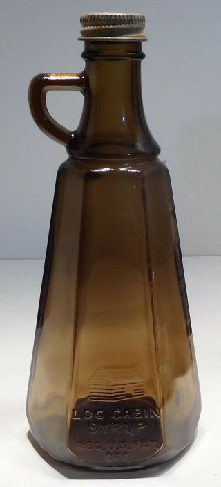 C1940 Lite Amber Vintage Log Cabin Syrup Bottle 6 Sided U.  S Pat.  Off.