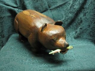 Vintage Hand Carved 16 " Bear W/fish In Mouth