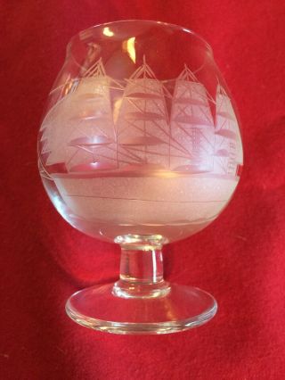 Vintage Toscany Crystal Small Cordial Snifter Glass Etched Clipper Ship Schooner 5
