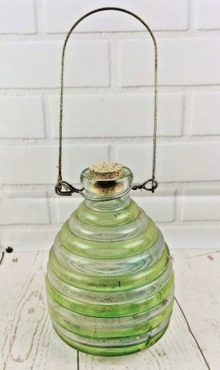 Vintage Green/clear Striped Hand Blown Glass Fly Bee Wasp Hornet Catcher Trap - 2