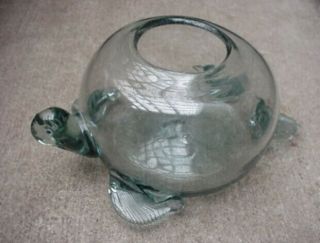 Turtle Fish Bowl Terrarium Hand Blown Aqua Bottle Art Glass Vintage Old Tortoise