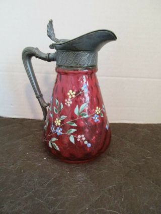 Unique Hand Painted Covered Cranberry Glass Syrup Pitcher With Silver Plate Top