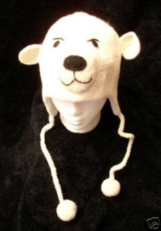 White Crochet Polar Bear Hat Knit Flc Lined Ski Cap Adult Peewee Costume Delux