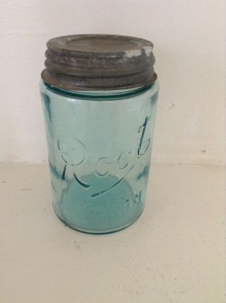 Vtg Root Mason Blue Pint Jar Ball Zinc Lid