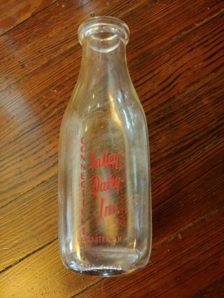 Connecticut Valley Dairy Inc.  1 Quart Milk Bottle Vintage Lancaster,  N.  H.