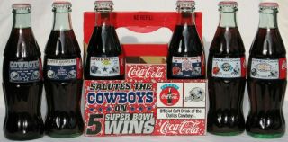 Coca - Cola Dallas Cowboys 5 Times Bowl Champions 6 Coke Bottles Set
