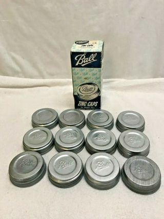Nos Vintage Box Of 12 Ball Mason Jar Lids Zinc Caps White Porcelain Lined