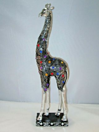 Giraffe Statue Silver Jeweled Resin Carvings 19 " On Black Stand Safari Decor