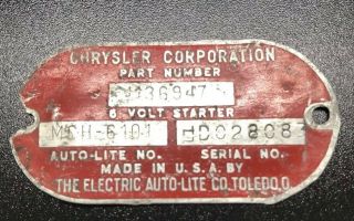 Vtg 40s 50s Chrysler Corporation " Red " Industrial Tag Electric Auto - Lite Co