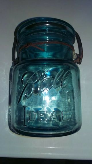 Vintage Ball Ideal Aqua Blue Green Pint Long Neck Glass Jar & Lid & Wire Bale