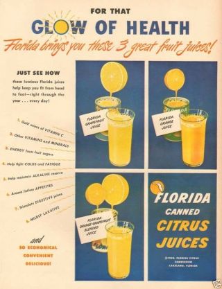 1948 Vintage Florida Grapefruit & Orange Juice Can Sun Sunshine Retro Kitchen Ad