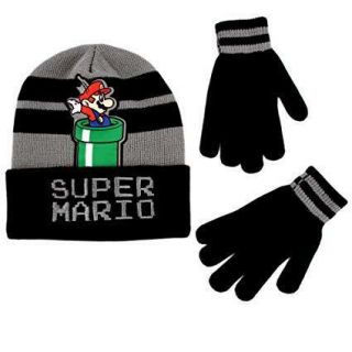 Beanie Cap - Nintendo - Mario Black & Grey W/glove Set 358690